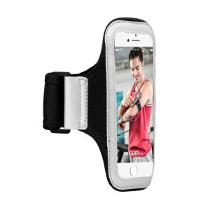 Brazalete deportivo universal para celular hecho de neopreno, con cierre de velcro y ventana frontal táctil, ideal para entrenamientos y actividades al aire libre.