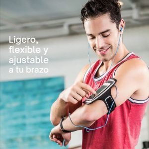 Brazalete deportivo universal para celular hecho de neopreno, con cierre de velcro y ventana frontal táctil, ideal para entrenamientos y actividades al aire libre.