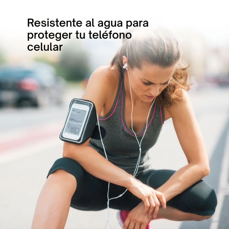 Brazalete deportivo universal para celular hecho de neopreno, con cierre de velcro y ventana frontal táctil, ideal para entrenamientos y actividades al aire libre.