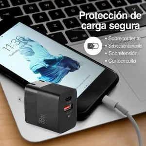 Cargador de pared ArgomTech VOLTA P4 de 38W con protecciones contra sobrecorriente, sobrecalentamiento, sobretensión y cortocircuito.