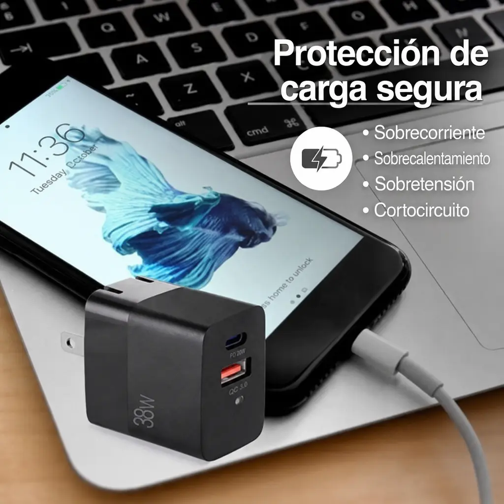 Cargador de pared ArgomTech VOLTA P4 de 38W con protecciones contra sobrecorriente, sobrecalentamiento, sobretensi&oacute;n y cortocircuito.