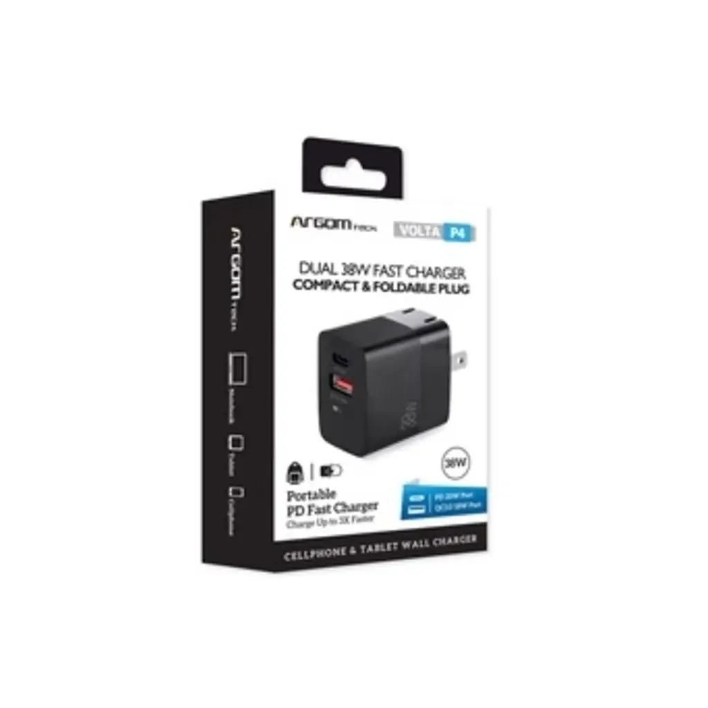 Empaque del cargador de pared ArgomTech VOLTA P4 de 38W con USB-C PD y USB-A.