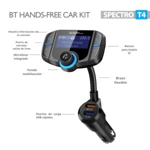 Kit manos libres para auto ArgomTech Spectro T4 con Bluetooth 5.0, doble puerto USB de carga rápida y pantalla LCD.