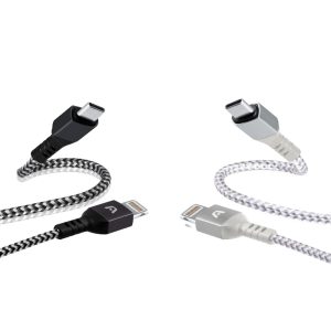 Cable USB Tipo-C a Lightning de 6ft/1.8m con carga rápida de 18W, diseño trenzado de nylon bicolor y conectores metálicos reforzados.