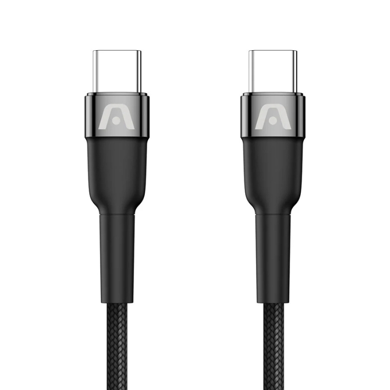 Cable USB Tipo-C a Tipo-C de 6ft/1.8m con carga rápida de 100W, diseño trenzado de nylon y conectores reforzados, ideal para notebooks, tablets y smartphones.