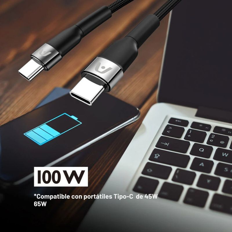 Cable USB Tipo-C a Tipo-C de 6ft/1.8m con carga r&aacute;pida de 100W, dise&ntilde;o trenzado de nylon y conectores reforzados, ideal para notebooks, tablets y smartphones.