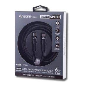 Cable USB Tipo-C a Tipo-C de 6ft/1.8m con carga rápida de 100W, diseño trenzado de nylon y conectores reforzados, ideal para notebooks, tablets y smartphones.