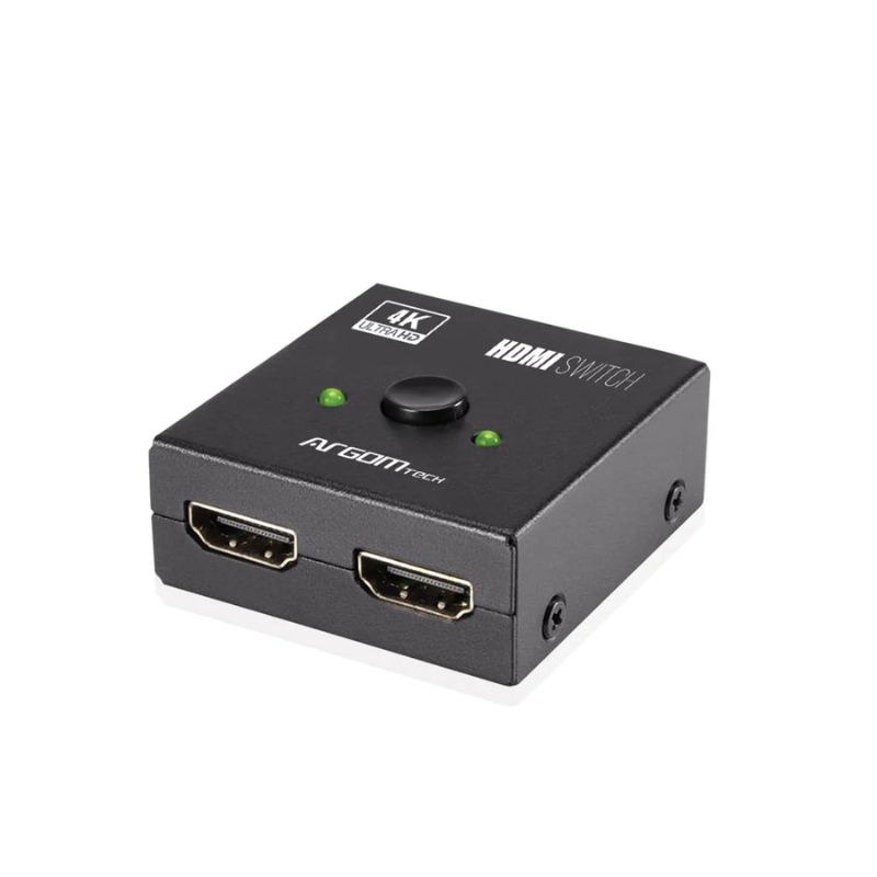 Switch HDMI bidireccional ArgomTech 2 en 1 modelo ARG-AV-5120 con botón de selección y soporte 4K UHD.