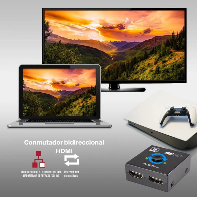 Switch HDMI bidireccional ArgomTech 2 en 1 modelo ARG-AV-5120 con botón de selección y soporte 4K UHD.