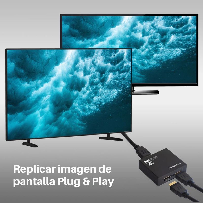 Divisor HDMI de 2 canales ArgomTech modelo ARG-AV-5110 para duplicar señal en dos pantallas con resolución 4K.