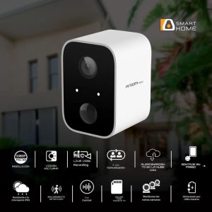 Cámara de seguridad WiFi Convoy 90 Full HD con batería recargable, visión nocturna y control por app para uso interior o exterior.
