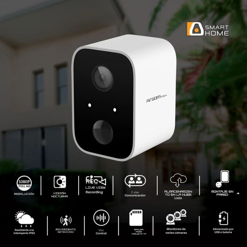Cámara de seguridad WiFi Convoy 90 Full HD con batería recargable, visión nocturna y control por app para uso interior o exterior.