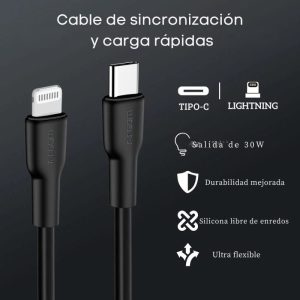 Cable Tipo-C a Lightning de silicona ultra flexible, con carga rápida de 30W, libre de enredos y compatible con dispositivos Apple.