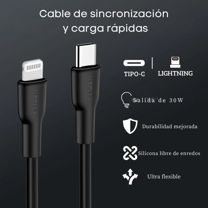 Cable Tipo-C a Lightning de silicona ultra flexible, con carga rápida de 30W, libre de enredos y compatible con dispositivos Apple.