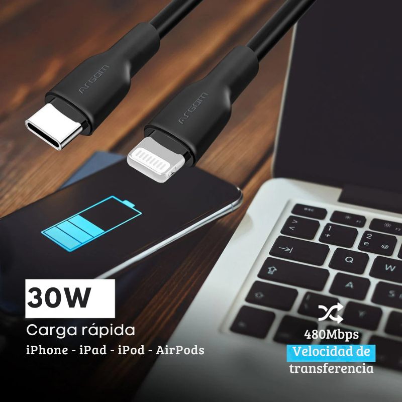 Cable Tipo-C a Lightning de silicona ultra flexible, con carga rápida de 30W, libre de enredos y compatible con dispositivos Apple.