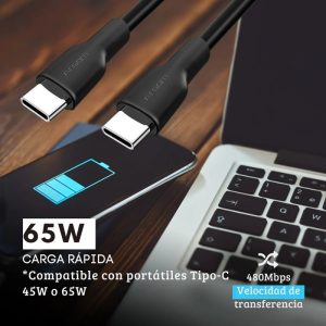 Cable Tipo-C a Tipo-C de silicona ultra flexible, 65W, con diseño libre de enredos y compatible con notebooks, tablets y smartphones.