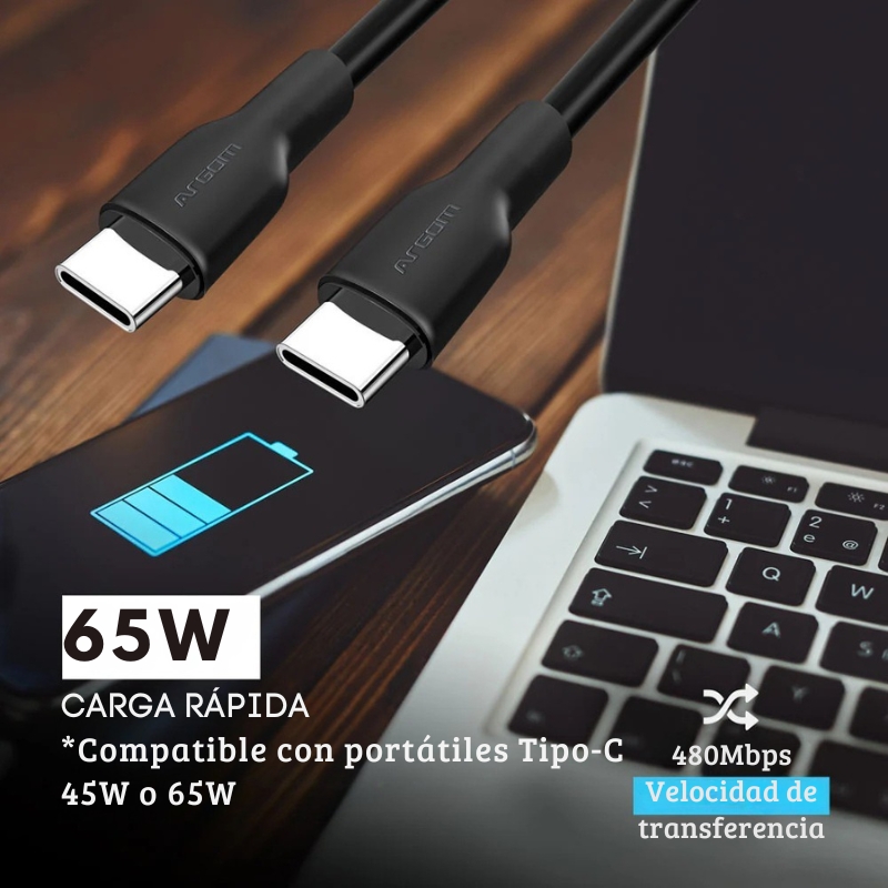 Cable Tipo-C a Tipo-C de silicona ultra flexible, 65W, con diseño libre de enredos y compatible con notebooks, tablets y smartphones.