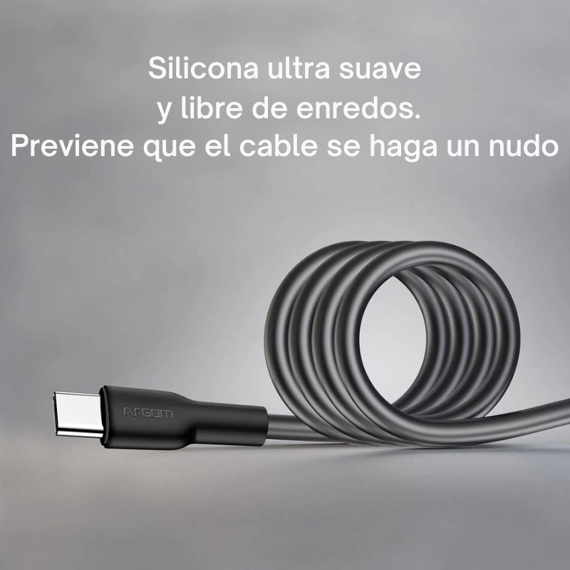 Cable Tipo-C a Tipo-C de silicona ultra flexible, 65W, con diseño libre de enredos y compatible con notebooks, tablets y smartphones.
