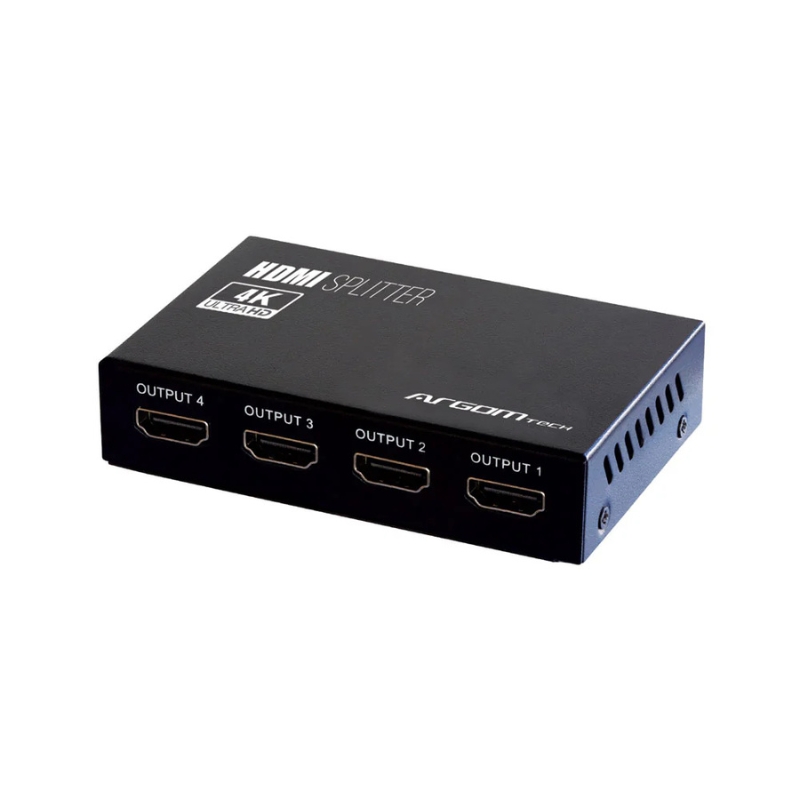 Divisor HDMI ArgomTech de 4 canales modelo ARG-AV-5114 con entrada única y salida a 4 pantallas, resolución 4K y diseño compacto.