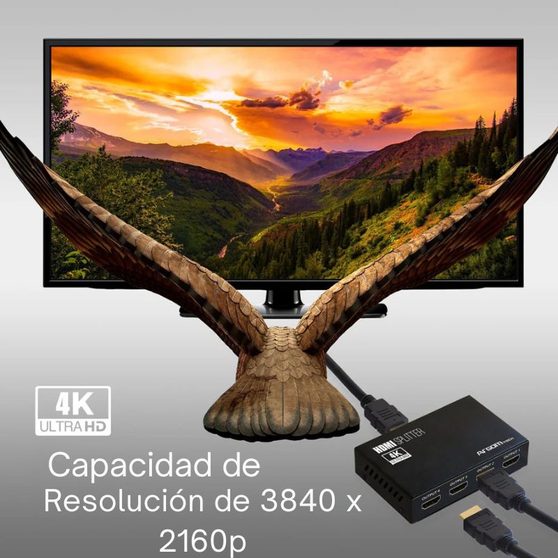 Divisor HDMI ArgomTech de 4 canales modelo ARG-AV-5114 con entrada única y salida a 4 pantallas, resolución 4K y diseño compacto.