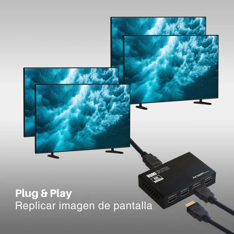 Divisor HDMI ArgomTech de 4 canales modelo ARG-AV-5114 con entrada única y salida a 4 pantallas, resolución 4K y diseño compacto.