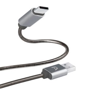 Cable Tipo-C a USB 2.0 de 1m con recubrimiento metálico tipo resorte, conectores reforzados y soporte para carga rápida y sincronización de datos.