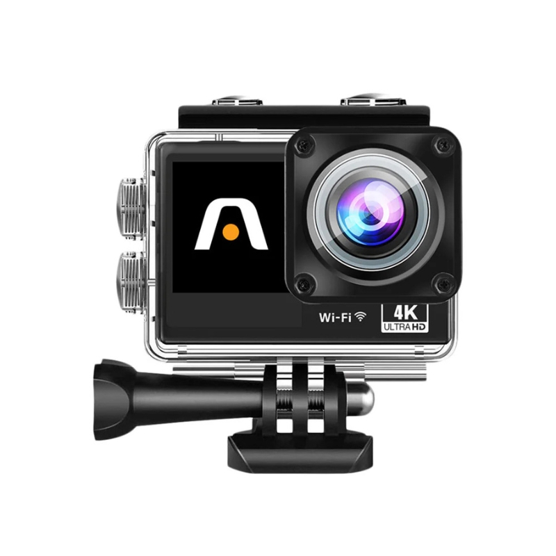 Cámara de acción Epic 85 4K con doble pantalla, control remoto, carcasa resistente e ideal para deportes extremos o aventuras bajo el agua.