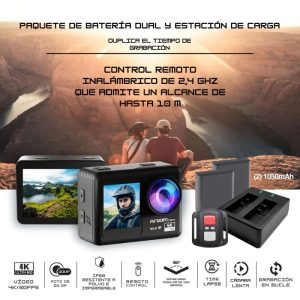 Cámara de acción Epic 85 4K con doble pantalla, control remoto, carcasa resistente e ideal para deportes extremos o aventuras bajo el agua.