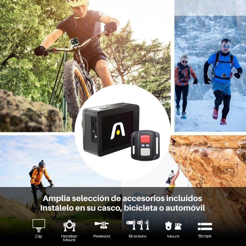 Cámara de acción Epic 85 4K con doble pantalla, control remoto, carcasa resistente e ideal para deportes extremos o aventuras bajo el agua.