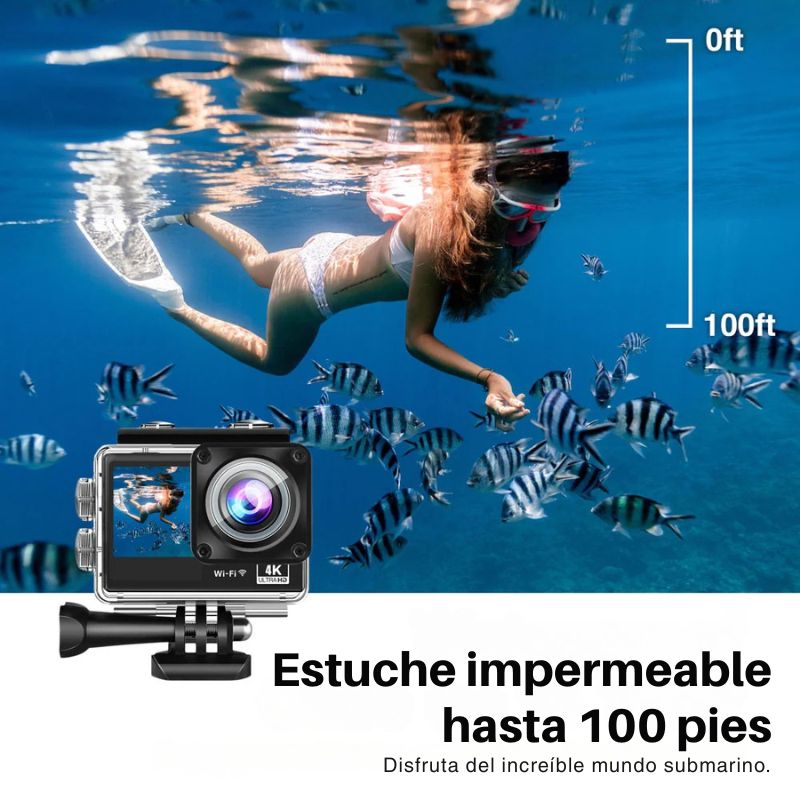 Cámara de acción Epic 85 4K con doble pantalla, control remoto, carcasa resistente e ideal para deportes extremos o aventuras bajo el agua.
