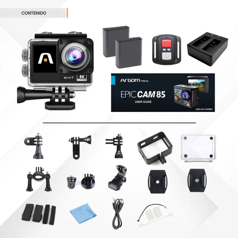 Cámara de acción Epic 85 4K con doble pantalla, control remoto, carcasa resistente e ideal para deportes extremos o aventuras bajo el agua.
