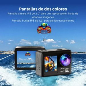 Cámara de acción Epic 85 4K con doble pantalla, control remoto, carcasa resistente e ideal para deportes extremos o aventuras bajo el agua.