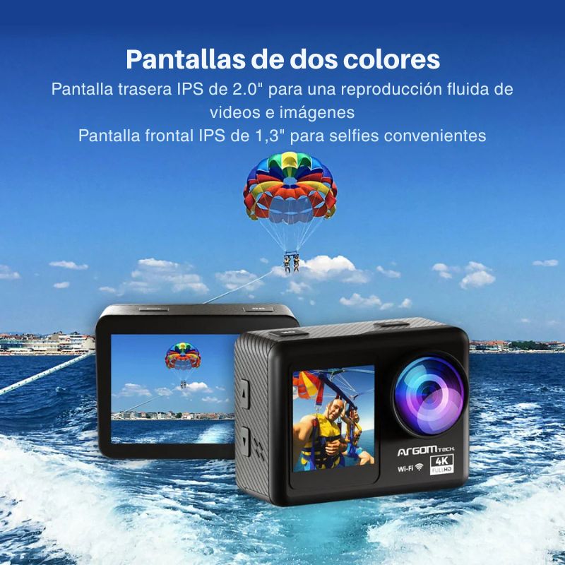 Cámara de acción Epic 85 4K con doble pantalla, control remoto, carcasa resistente e ideal para deportes extremos o aventuras bajo el agua.