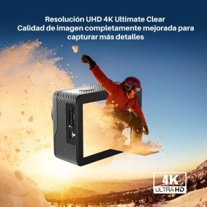 Cámara de acción Epic 85 4K con doble pantalla, control remoto, carcasa resistente e ideal para deportes extremos o aventuras bajo el agua.