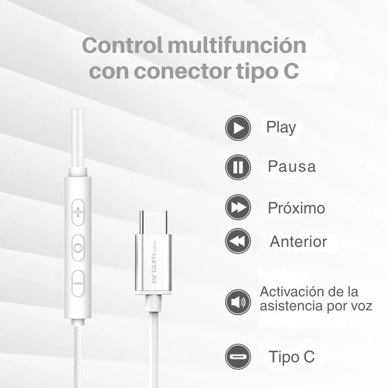 Audífonos alámbricos ArgomTech Ultimate Sound Aura con conector USB-C, diseño metálico, auriculares magnéticos, micrófono y controles integrados.