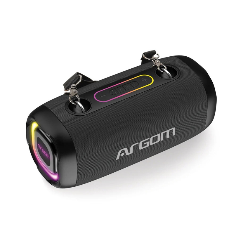 Altavoz inalámbrico Radyon X41 con luces LED, correa de hombro, resistente al agua, ideal para exteriores y fiestas.