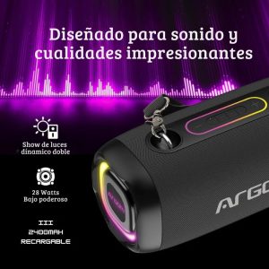 Altavoz inalámbrico Radyon X41 con luces LED, correa de hombro, resistente al agua, ideal para exteriores y fiestas.