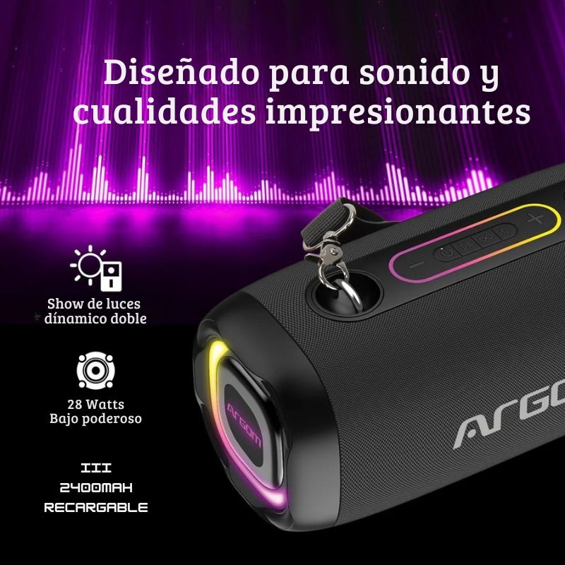 Altavoz inalámbrico Radyon X41 con luces LED, correa de hombro, resistente al agua, ideal para exteriores y fiestas.