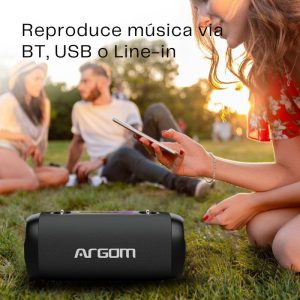 Altavoz inalámbrico Radyon X41 con luces LED, correa de hombro, resistente al agua, ideal para exteriores y fiestas.