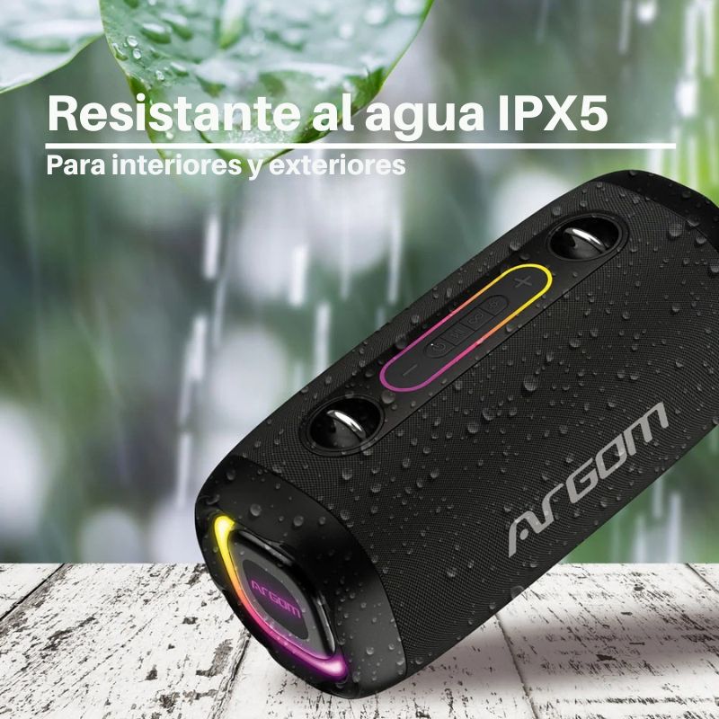 Altavoz inalámbrico Radyon X41 con luces LED, correa de hombro, resistente al agua, ideal para exteriores y fiestas.