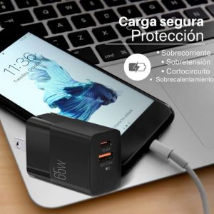 Cargador VOLTA P7 de 65W con doble puerto USB-C y USB-A, diseño compacto con enchufe plegable, compatible con laptops y smartphones de carga rápida.