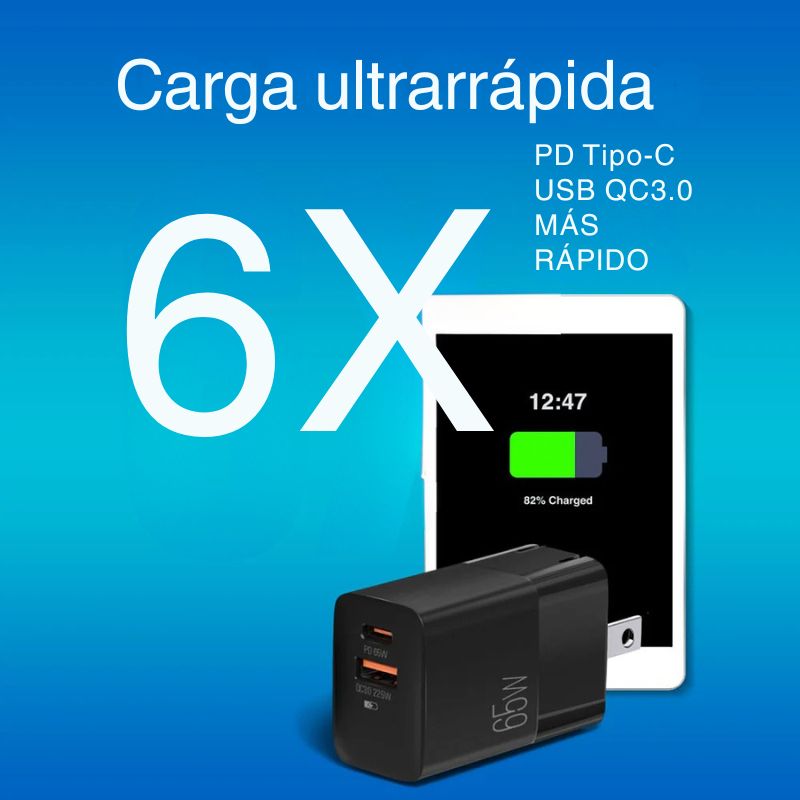 Cargador VOLTA P7 de 65W con doble puerto USB-C y USB-A, diseño compacto con enchufe plegable, compatible con laptops y smartphones de carga rápida.