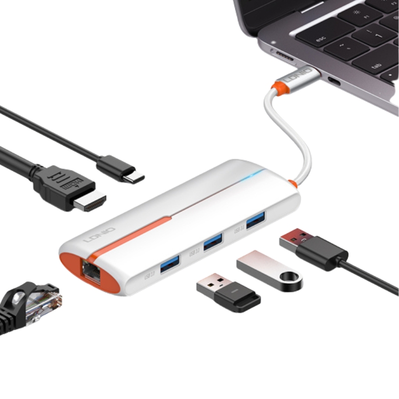 Estación de acoplamiento USB-C LDNIO DS-26H con puertos visibles y cable corto.
