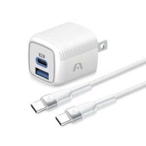 Cargador VOLTA P40 de ArgomTech con tecnología GaN, 38W de salida, dos puertos (USB-C y USB-A) y cable USB-C a USB-C de 1.8m incluido.