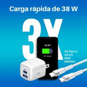 Cargador VOLTA P40 de ArgomTech con tecnología GaN, 38W de salida, dos puertos (USB-C y USB-A) y cable USB-C a USB-C de 1.8m incluido.