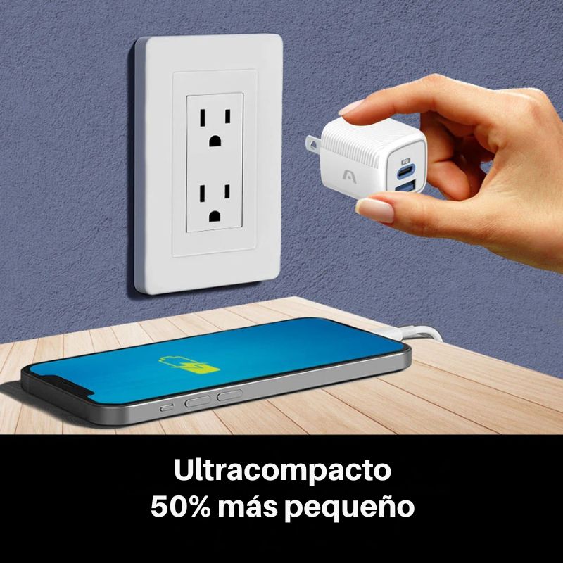 Cargador VOLTA P40 de ArgomTech con tecnología GaN, 38W de salida, dos puertos (USB-C y USB-A) y cable USB-C a USB-C de 1.8m incluido.