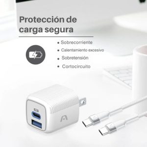 Cargador VOLTA P40 de ArgomTech con tecnología GaN, 38W de salida, dos puertos (USB-C y USB-A) y cable USB-C a USB-C de 1.8m incluido.