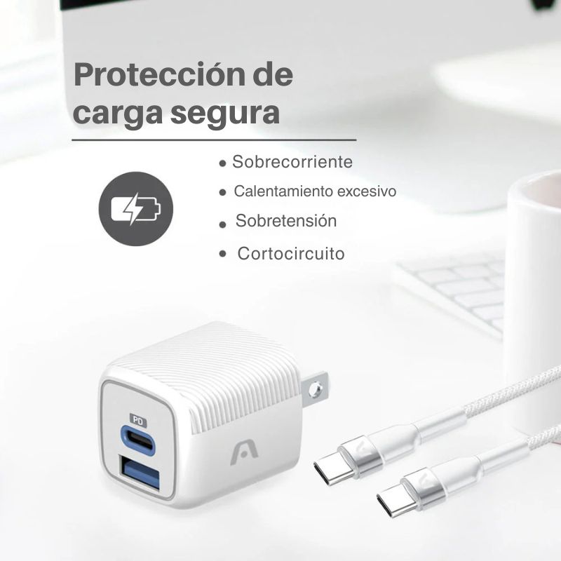 Cargador VOLTA P40 de ArgomTech con tecnología GaN, 38W de salida, dos puertos (USB-C y USB-A) y cable USB-C a USB-C de 1.8m incluido.