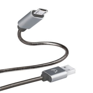 Cable Micro USB metálico trenzado de 1 metro Dura Spring, ideal para carga rápida y sincronización, con conectores reforzados de acero.
