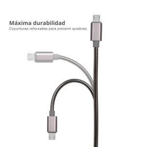 Cable Micro USB metálico trenzado de 1 metro Dura Spring, ideal para carga rápida y sincronización, con conectores reforzados de acero.